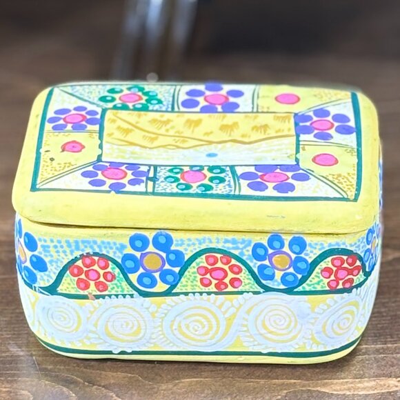 Vintage Terracotta Trinket Box Hand Painted Mexican Pottery Ceramic Keepsake Box - Picture 2 of 16